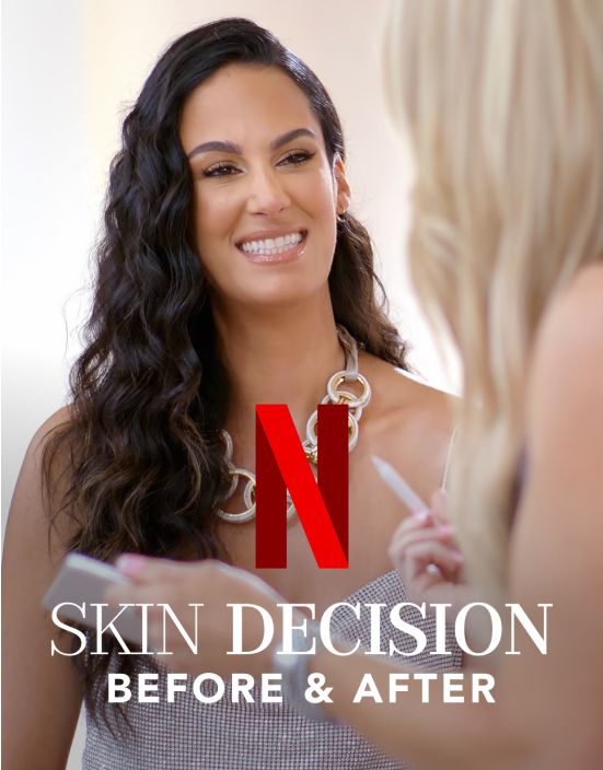 Woman smiling in a skin transformation show.