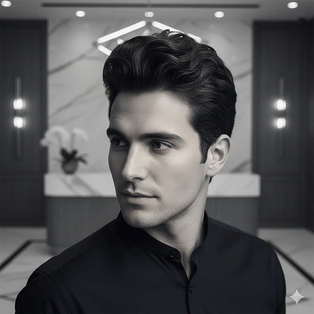 Man in a stylish black shirt and modern setting.
